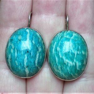 LARGE Antique Russian USSR Gold Gilded Silver 875 Amazonite Dangle Earrings